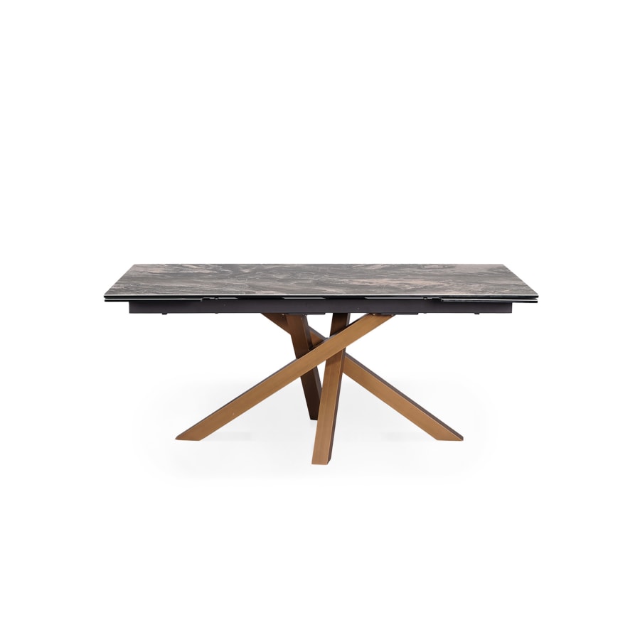 Table &agrave; manger rectangulaire extensible effet marbre gris pieds en m&eacute;tal dor&eacute;